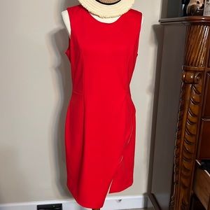 Red hot asymmetrical dress sheath dress with front zipper and back zipper